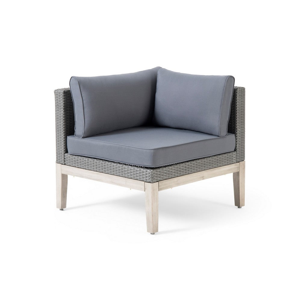 Benjara Loft Modular Corner Sofa Chair, Light Gray Acacia Wood, Rattan 29 Inch