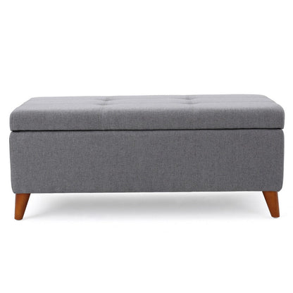 Benjara Storage Ottoman Bench, Gray Fabric Cushions, Brown Wood Legs, 38 Inch