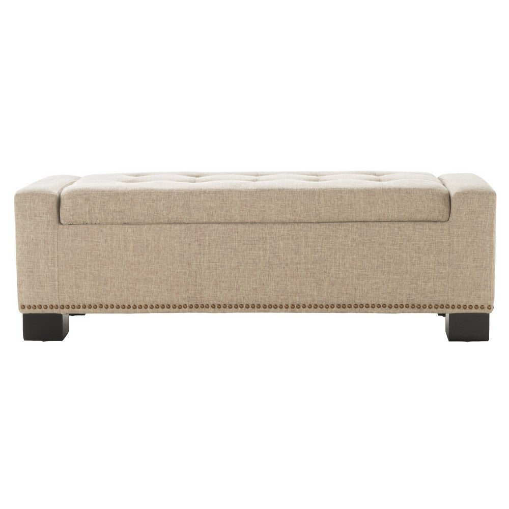 Benjara Abigail Storage Ottoman Bench, Nailhead Trim, Wheat Fabric, 51 Inch