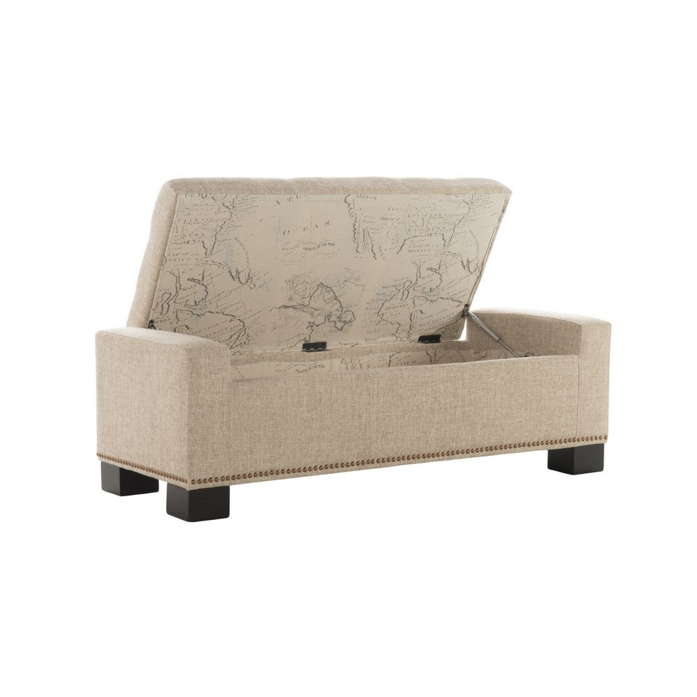 Benjara Abigail Storage Ottoman Bench, Nailhead Trim, Wheat Fabric, 51 Inch