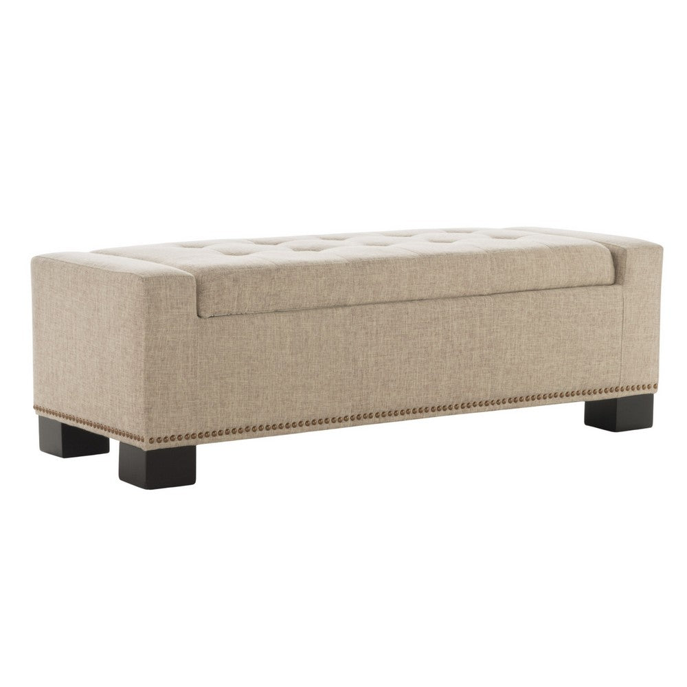 Benjara Abigail Storage Ottoman Bench, Nailhead Trim, Wheat Fabric, 51 Inch
