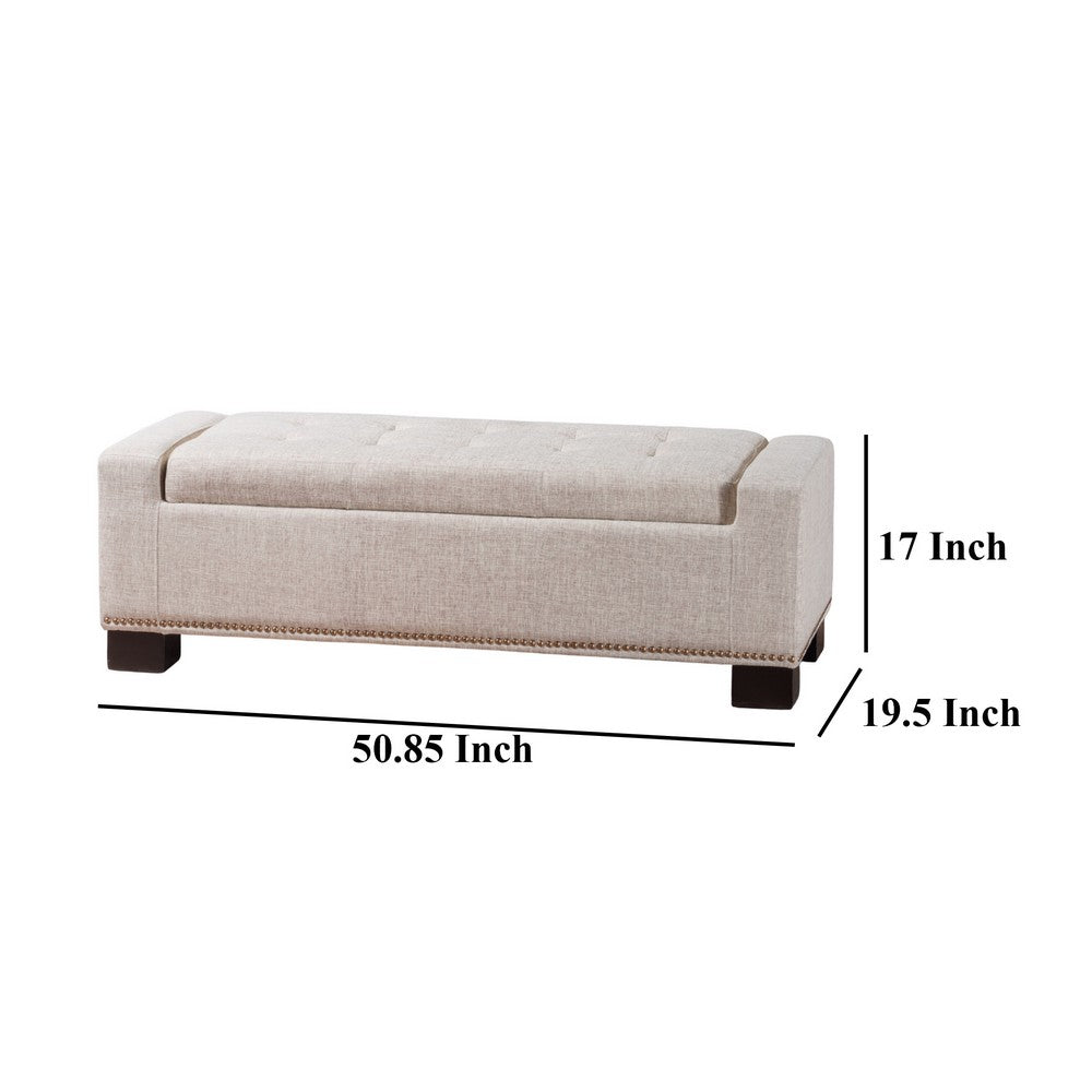 Benjara Abigail Storage Ottoman Bench, Nailhead Trim, Wheat Fabric, 51 Inch