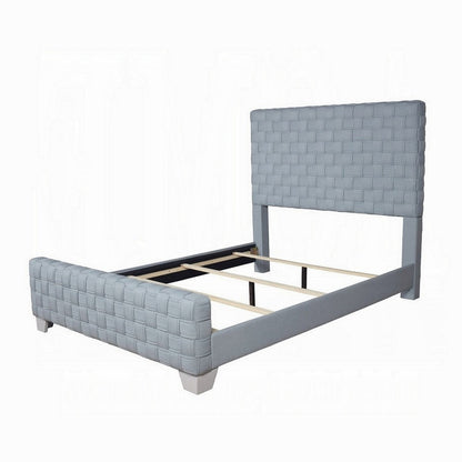 Benjara Reah Queen Size Bed, Light Teal Blue Chenille, Gray Panel Headboard