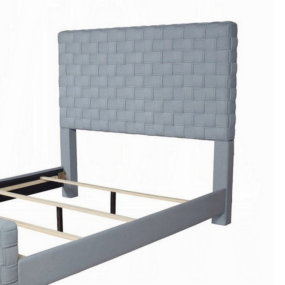 Benjara Reah Queen Size Bed, Light Teal Blue Chenille, Gray Panel Headboard