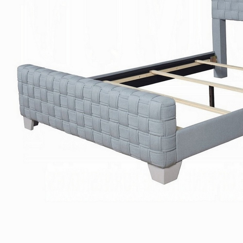 Benjara Reah Queen Size Bed, Light Teal Blue Chenille, Gray Panel Headboard