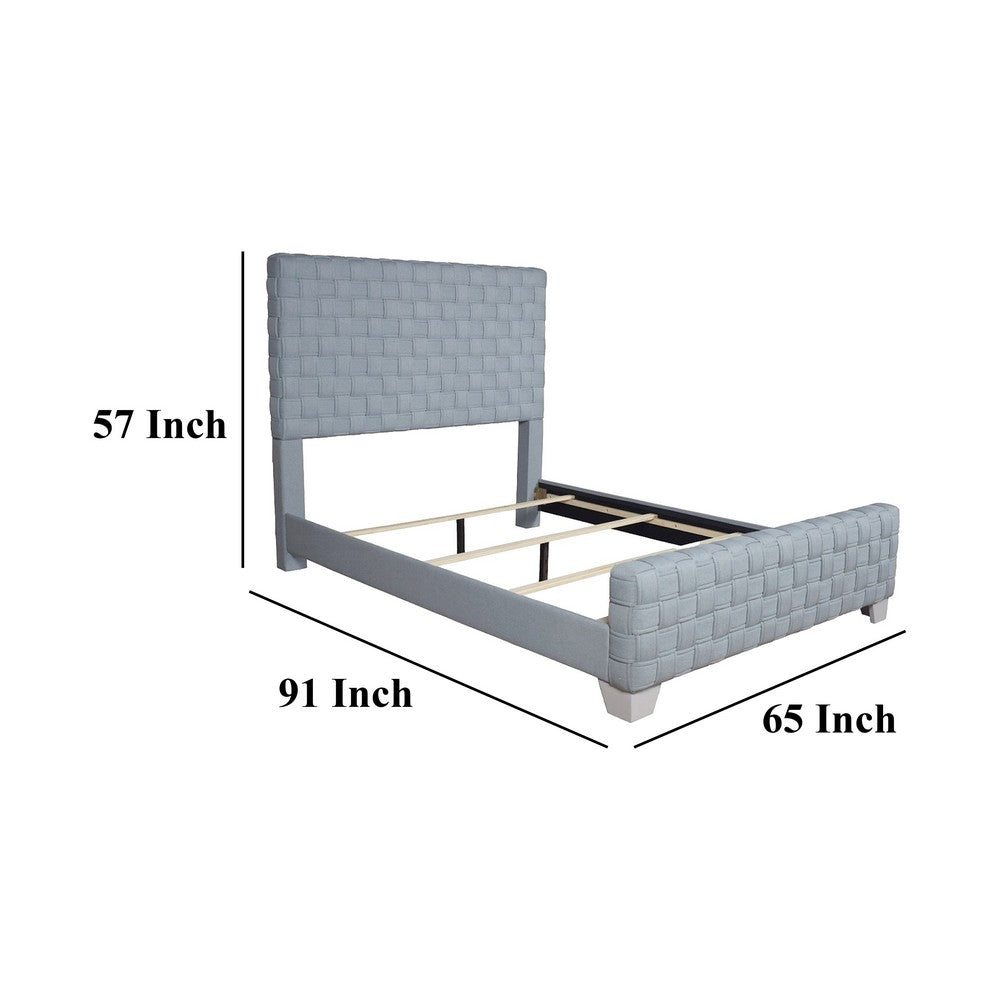 Benjara Reah Queen Size Bed, Light Teal Blue Chenille, Gray Panel Headboard