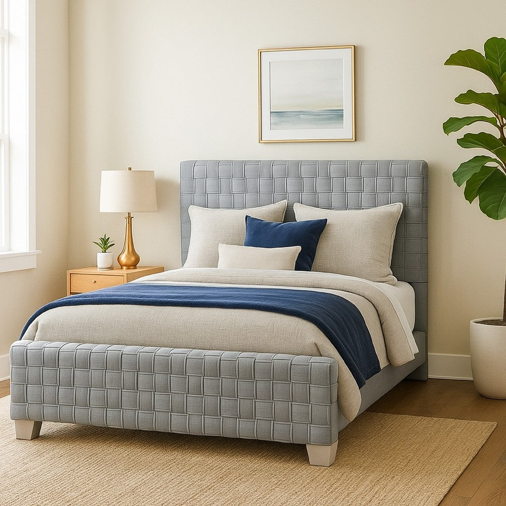 Benjara Reah Queen Size Bed, Light Teal Blue Chenille, Gray Panel Headboard