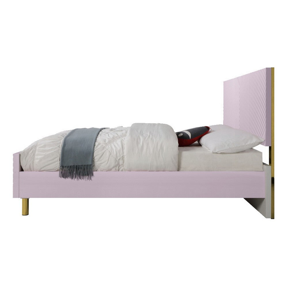 Benjara Tyra Full Size Bed, Sleek Panel Headboard, Gloss Pink Chevron Pattern