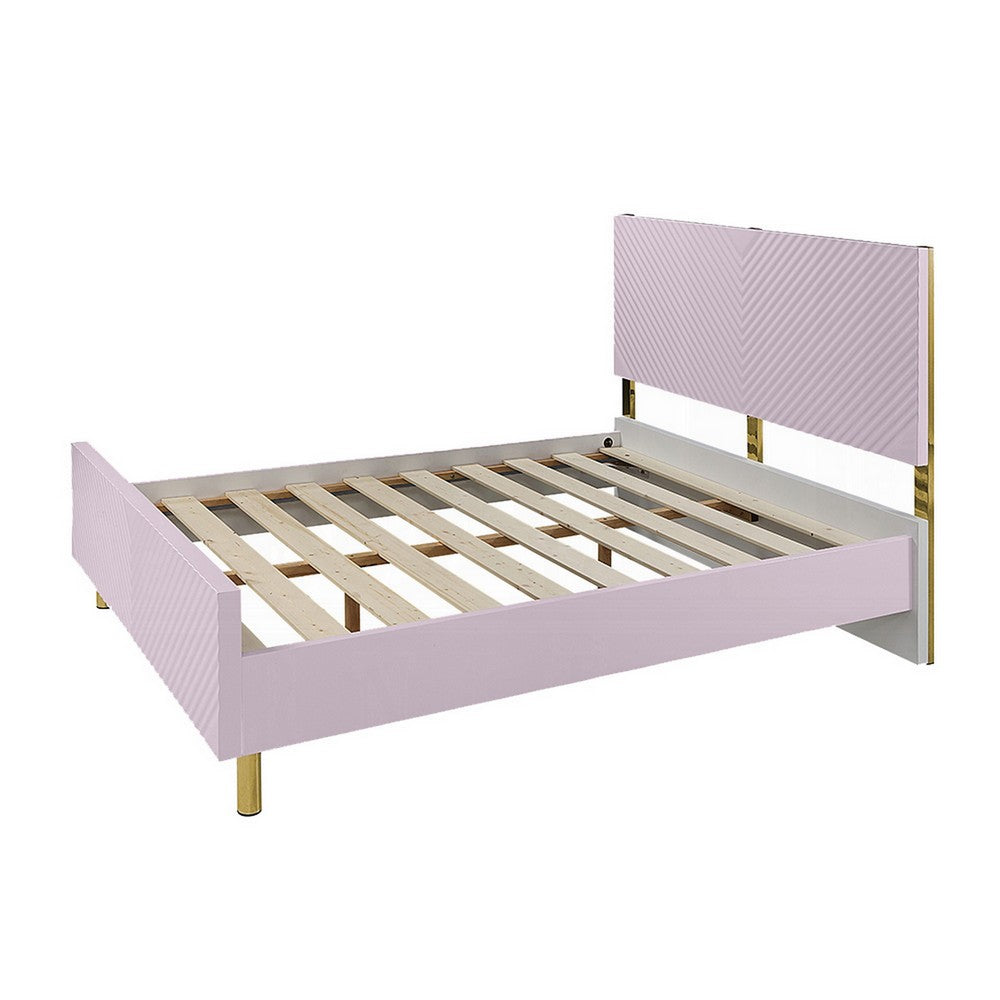 Benjara Tyra Full Size Bed, Sleek Panel Headboard, Gloss Pink Chevron Pattern