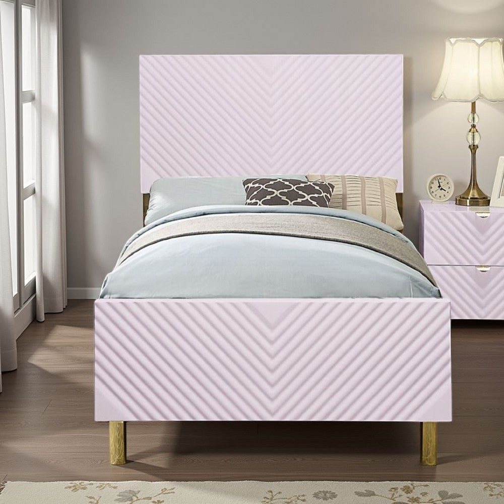 Benjara Tyra Full Size Bed, Sleek Panel Headboard, Gloss Pink Chevron Pattern