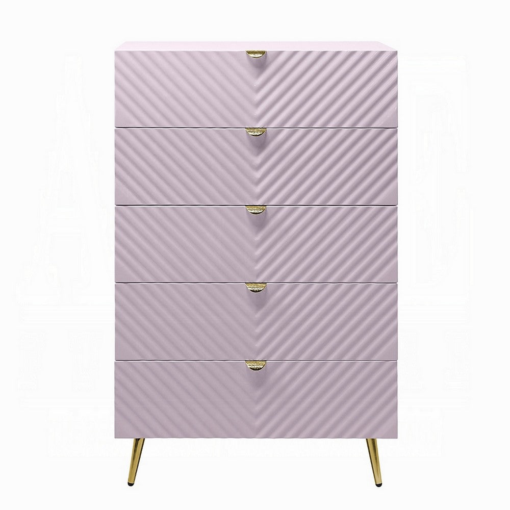 Benjara Tyra Tall Dresser Chest, 5 Drawers, Gold, Gloss Pink Chevron Pattern