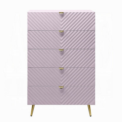 Benjara Tyra Tall Dresser Chest, 5 Drawers, Gold, Gloss Pink Chevron Pattern