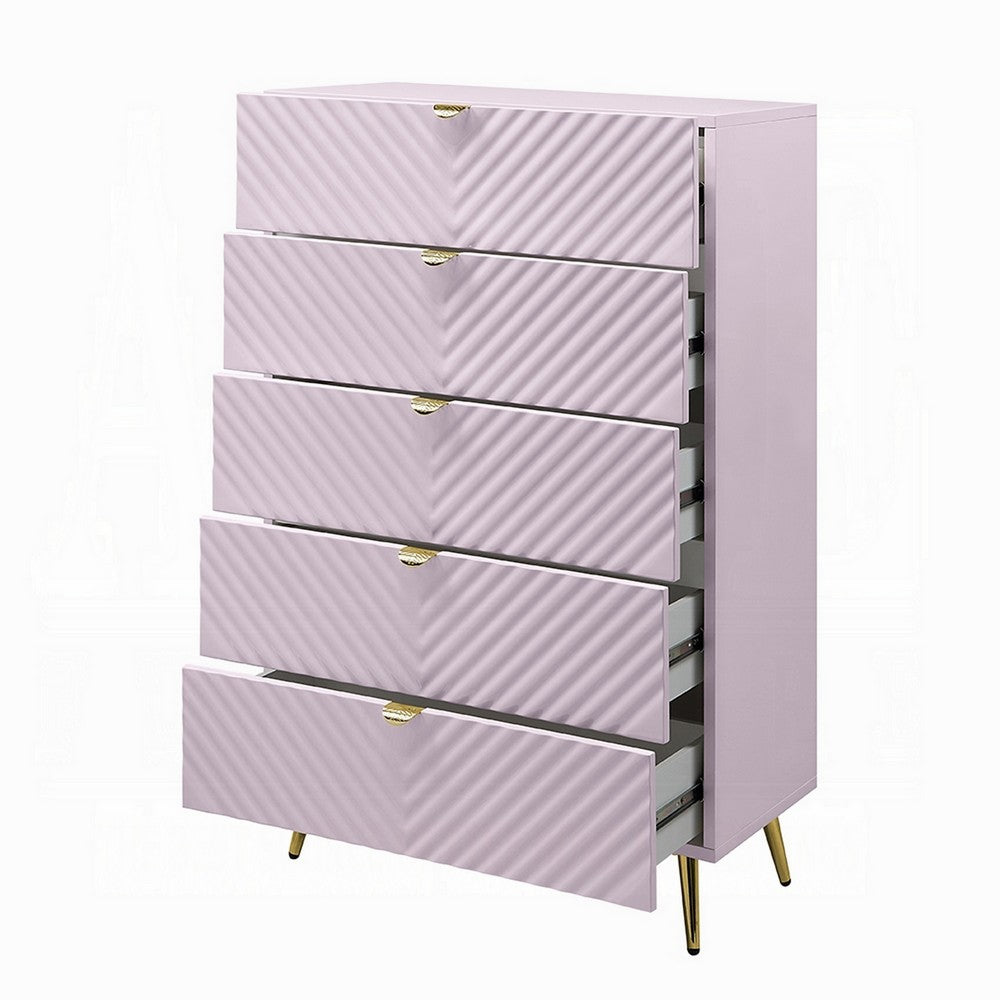 Benjara Tyra Tall Dresser Chest, 5 Drawers, Gold, Gloss Pink Chevron Pattern