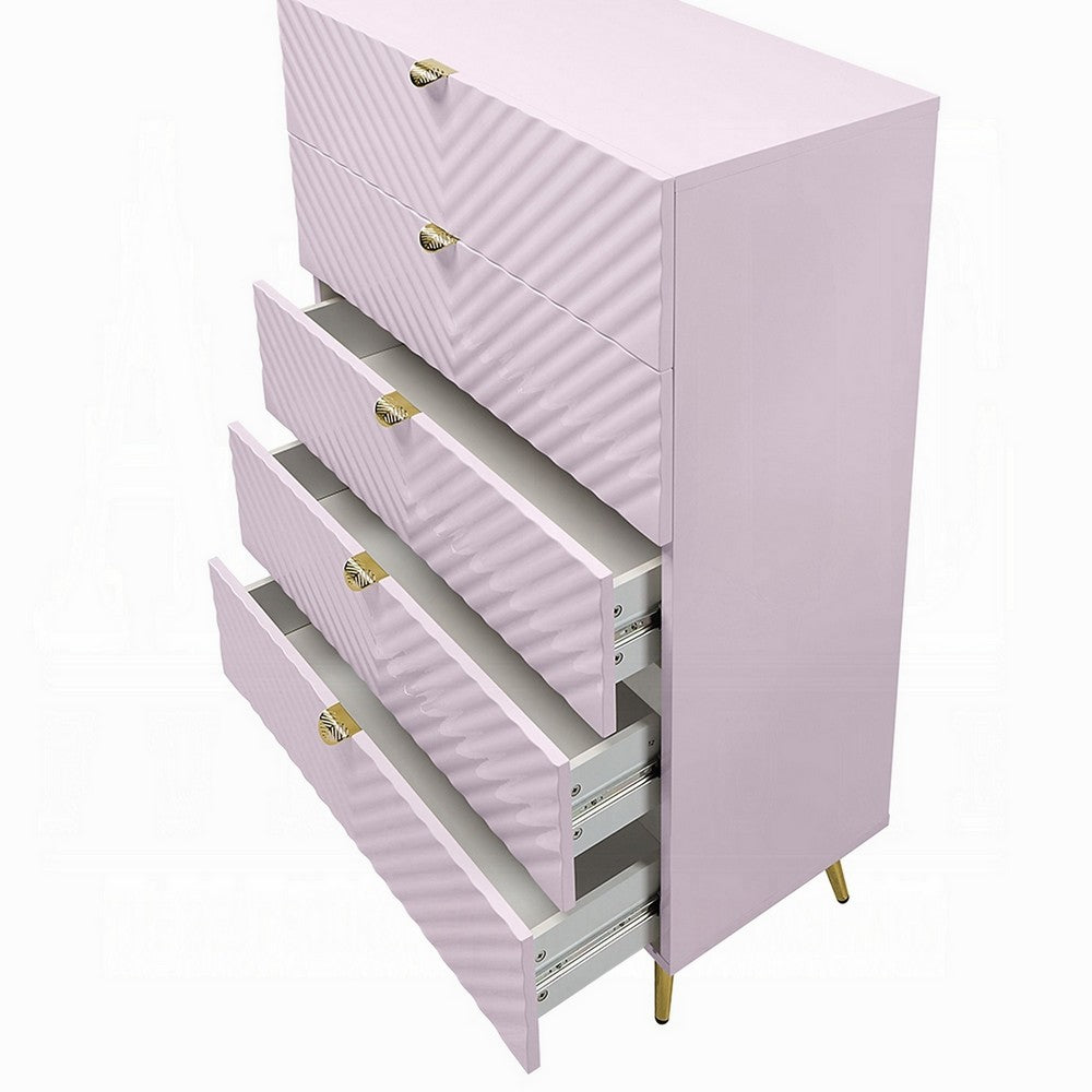 Benjara Tyra Tall Dresser Chest, 5 Drawers, Gold, Gloss Pink Chevron Pattern
