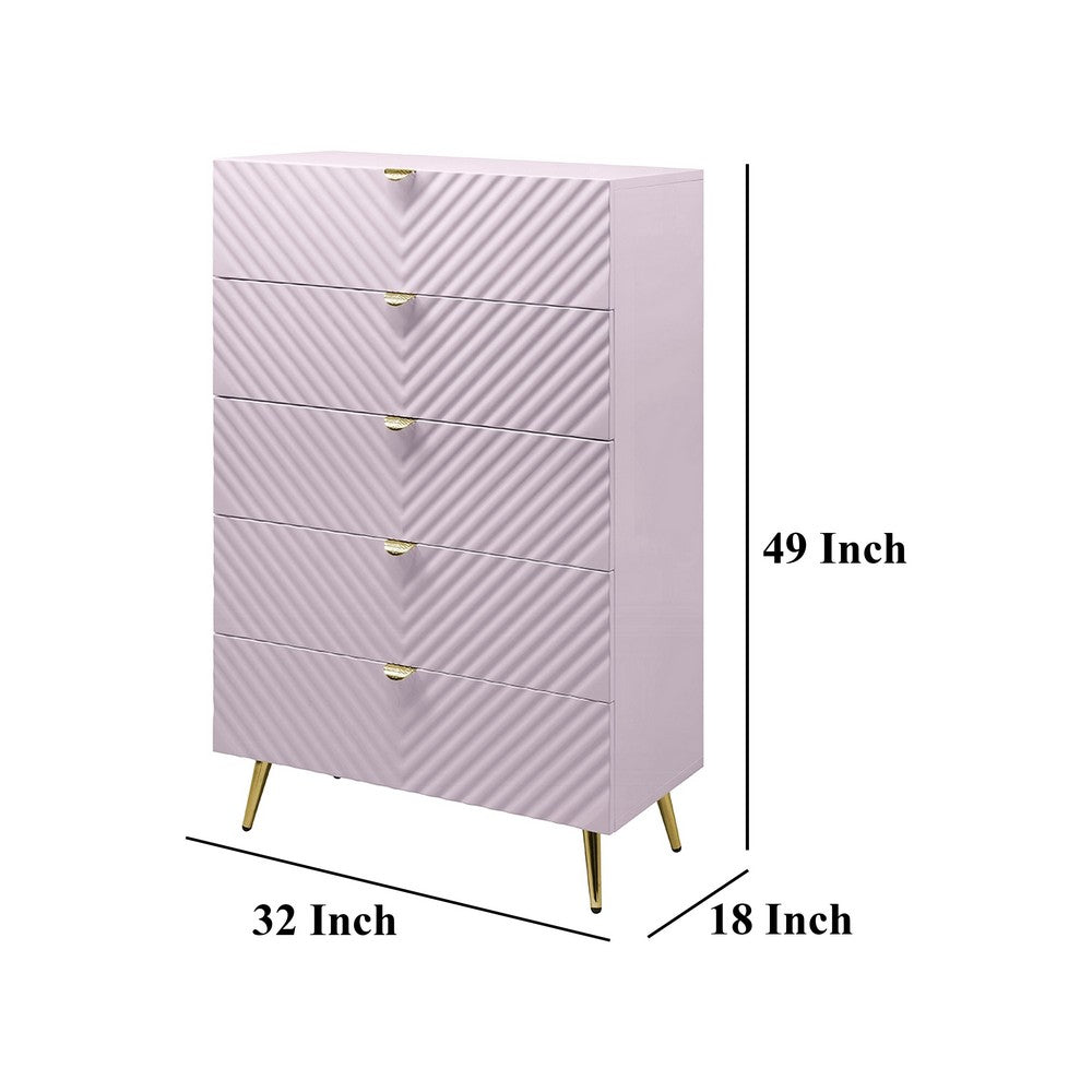 Benjara Tyra Tall Dresser Chest, 5 Drawers, Gold, Gloss Pink Chevron Pattern
