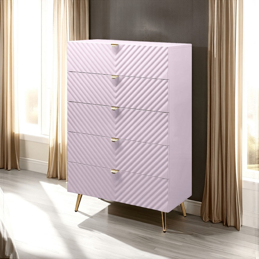 Benjara Tyra Tall Dresser Chest, 5 Drawers, Gold, Gloss Pink Chevron Pattern