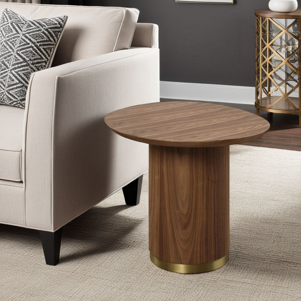 Benjara Iliana Side End Table, 21 Inch Oval Top, Round Pedestal, Walnut Brown