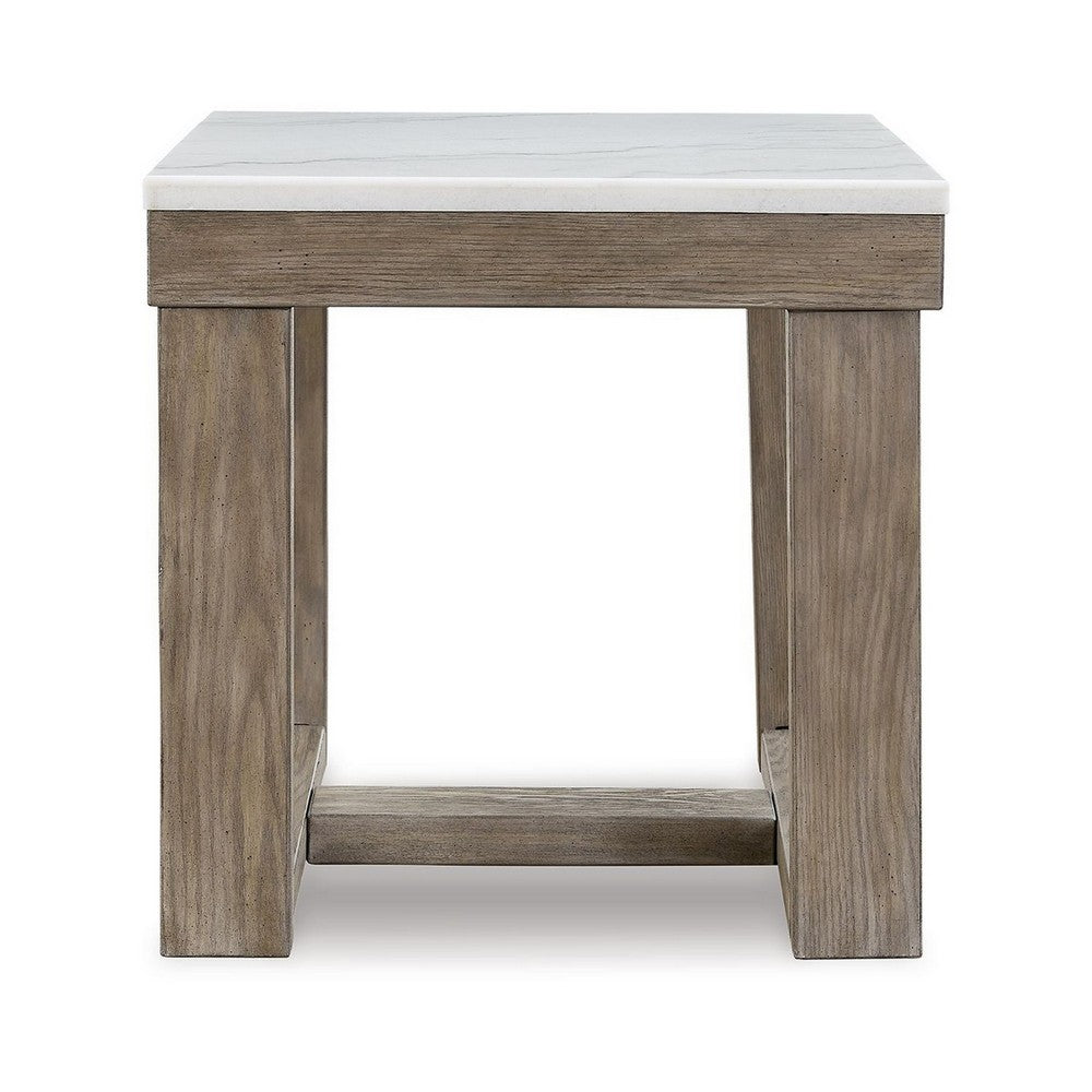 Benjara Aska Side End Table, Block Profile, Marble, 24 Inch Taupe Gray Wood