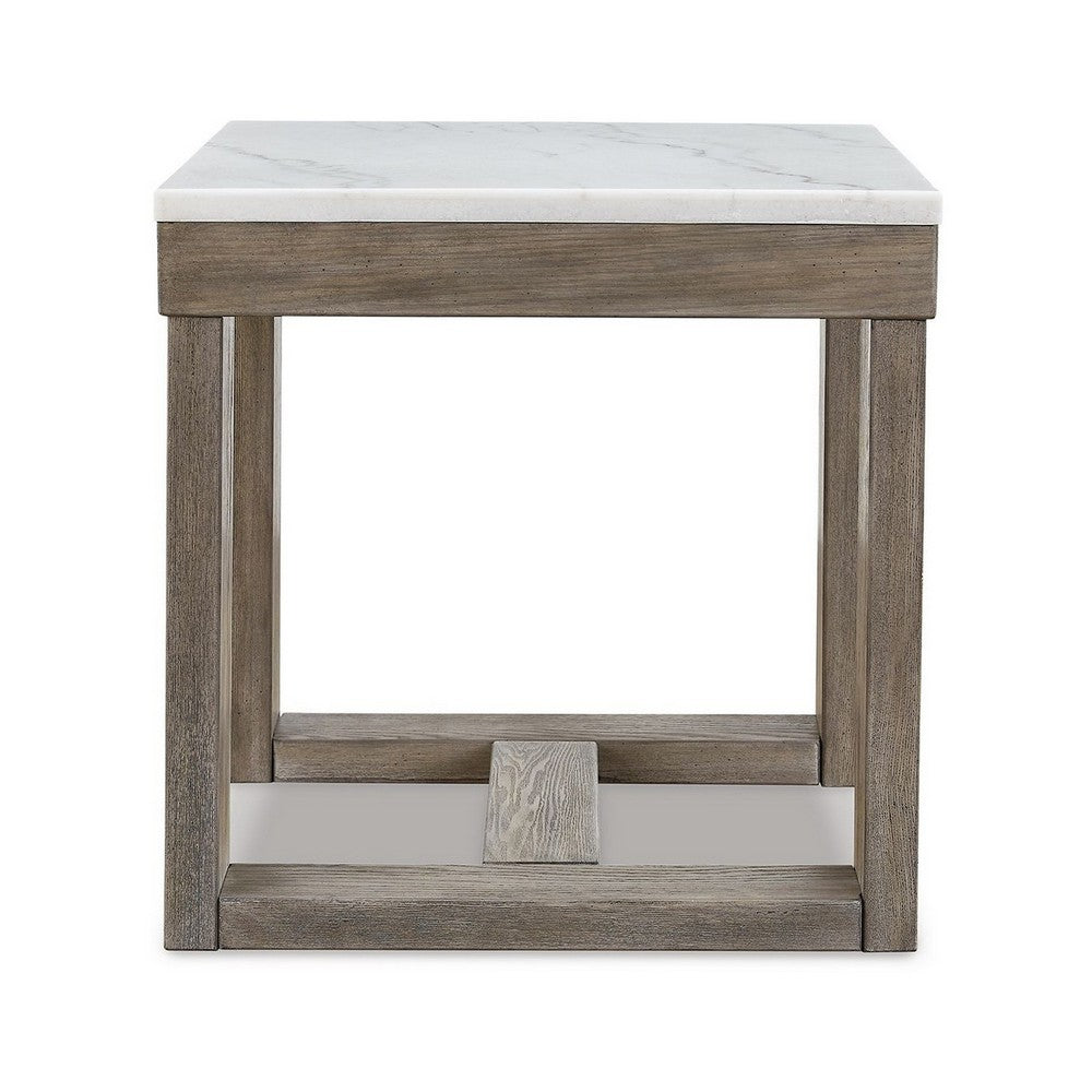 Benjara Aska Side End Table, Block Profile, Marble, 24 Inch Taupe Gray Wood
