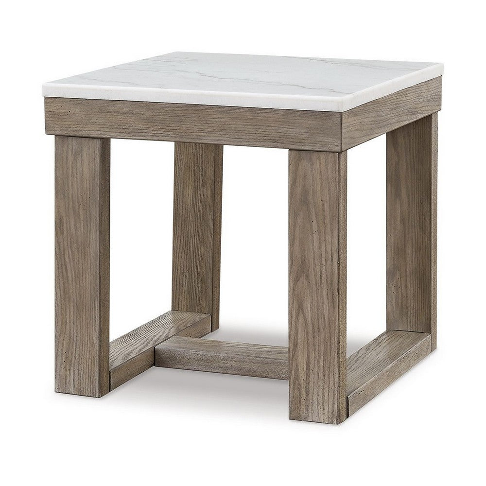 Benjara Aska Side End Table, Block Profile, Marble, 24 Inch Taupe Gray Wood