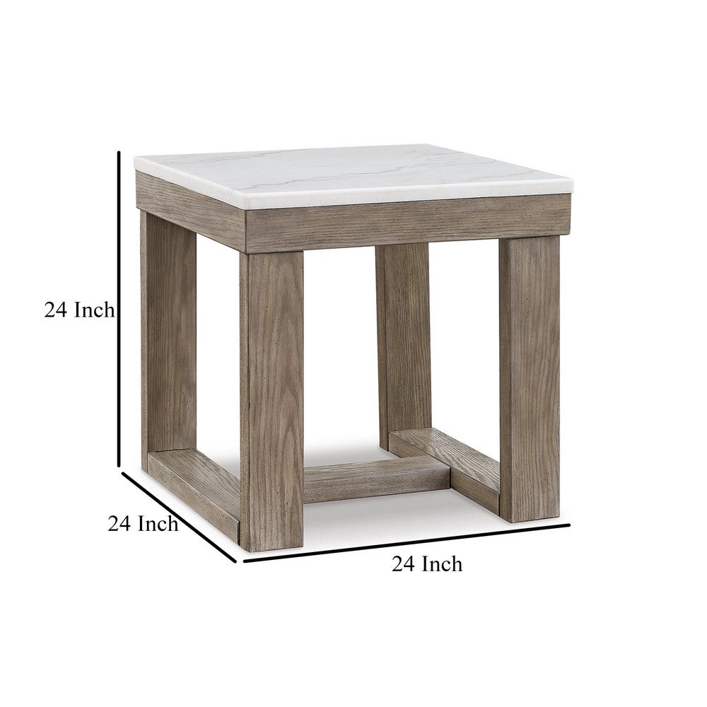 Benjara Aska Side End Table, Block Profile, Marble, 24 Inch Taupe Gray Wood