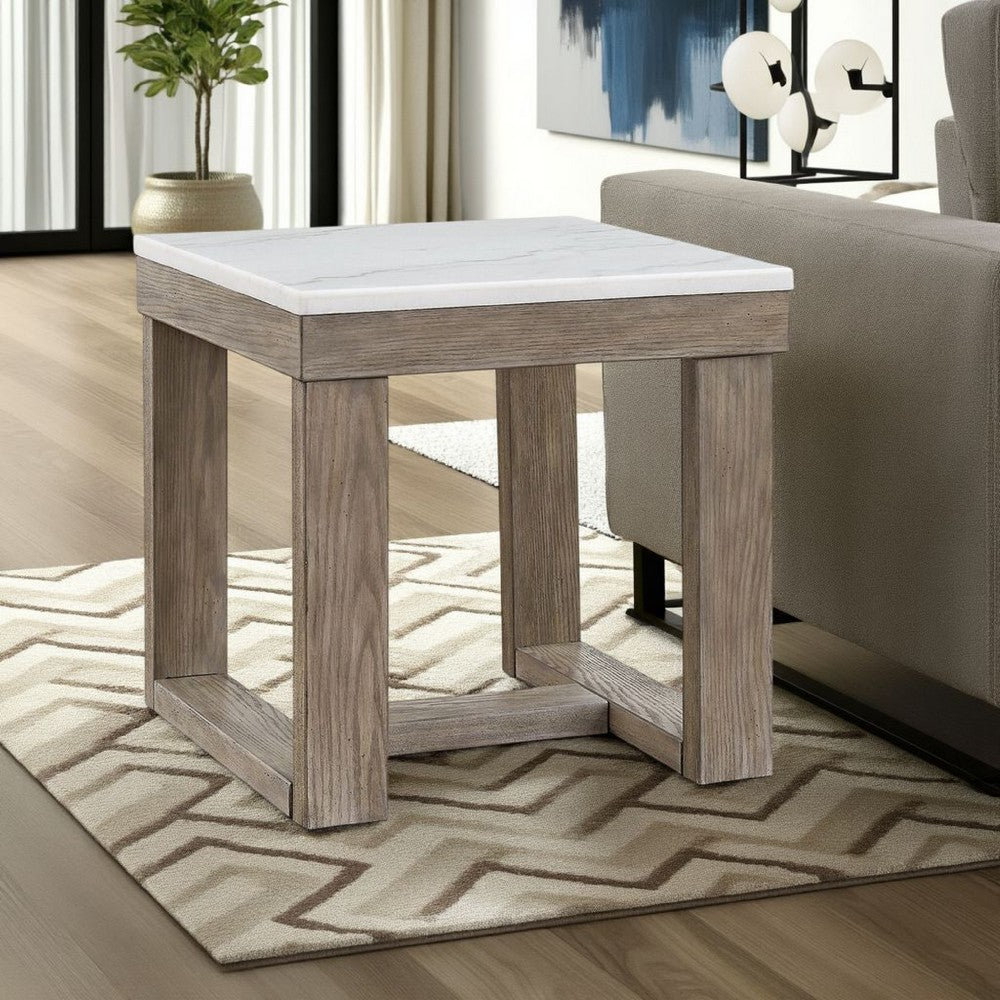 Benjara Aska Side End Table, Block Profile, Marble, 24 Inch Taupe Gray Wood