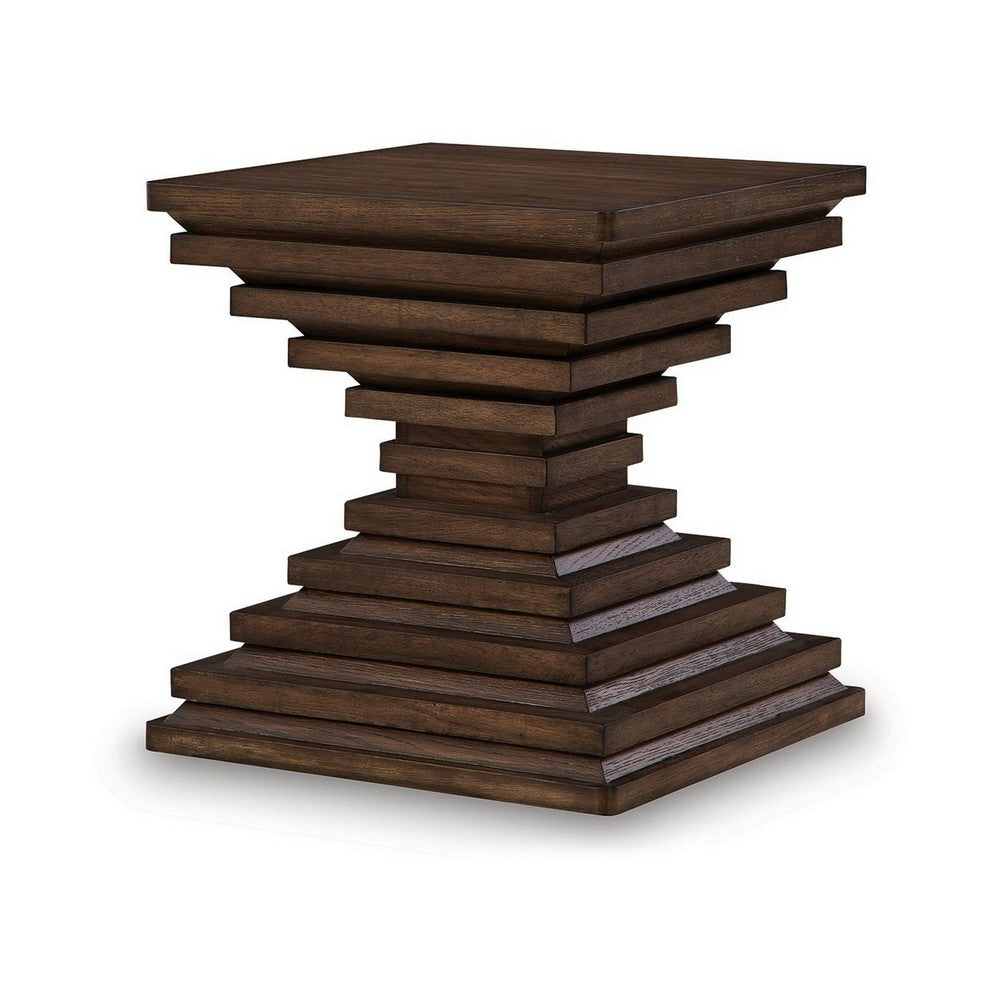 Benjara Reem Side End Table, Square Geometric Hourglass, 28 Inch Dark Brown