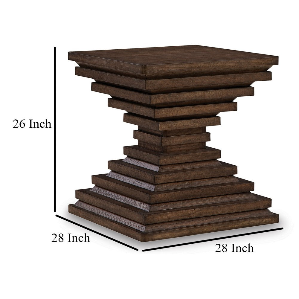 Benjara Reem Side End Table, Square Geometric Hourglass, 28 Inch Dark Brown