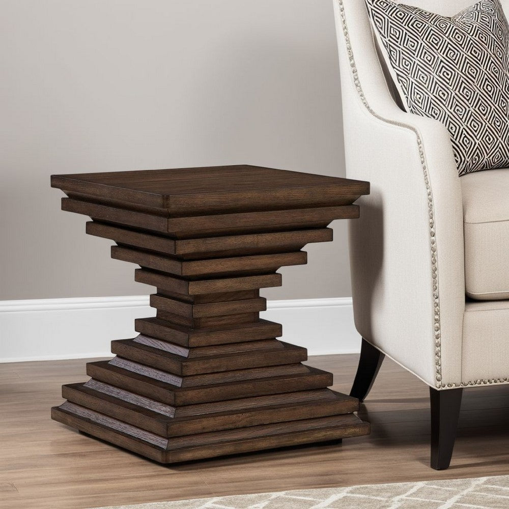 Benjara Reem Side End Table, Square Geometric Hourglass, 28 Inch Dark Brown