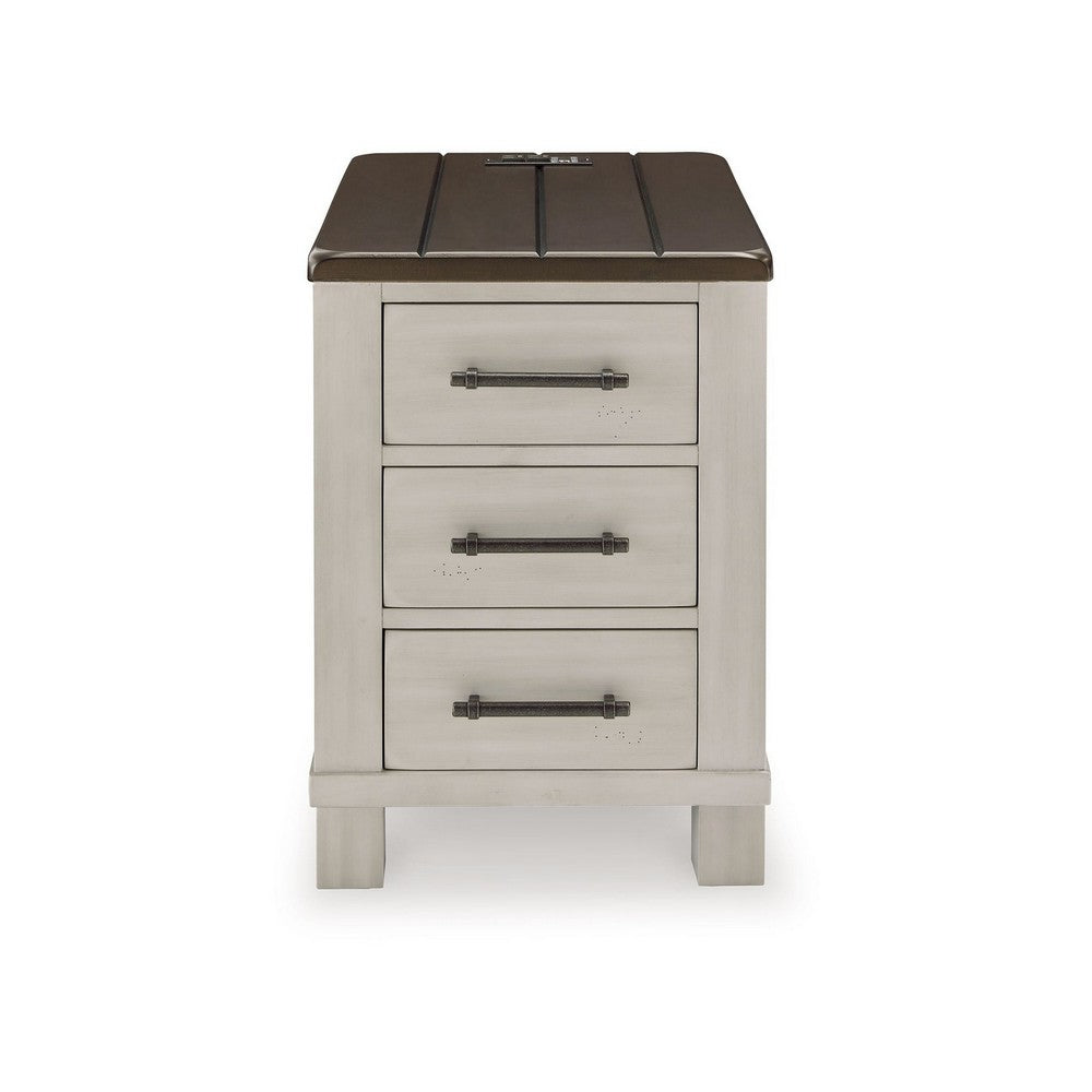 Benjara Barb Chairside End Table, 3 Drawers, 24 Inch Glazed Gray Acacia Wood