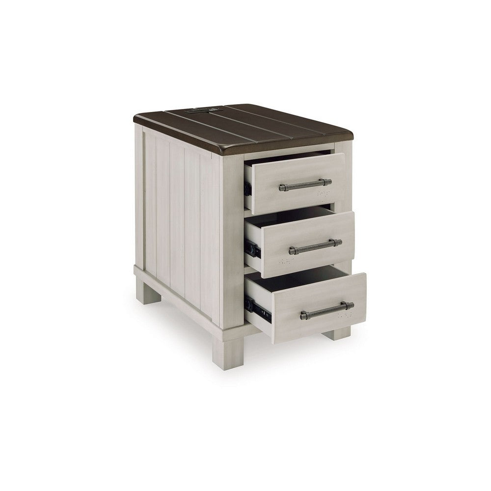 Benjara Barb Chairside End Table, 3 Drawers, 24 Inch Glazed Gray Acacia Wood
