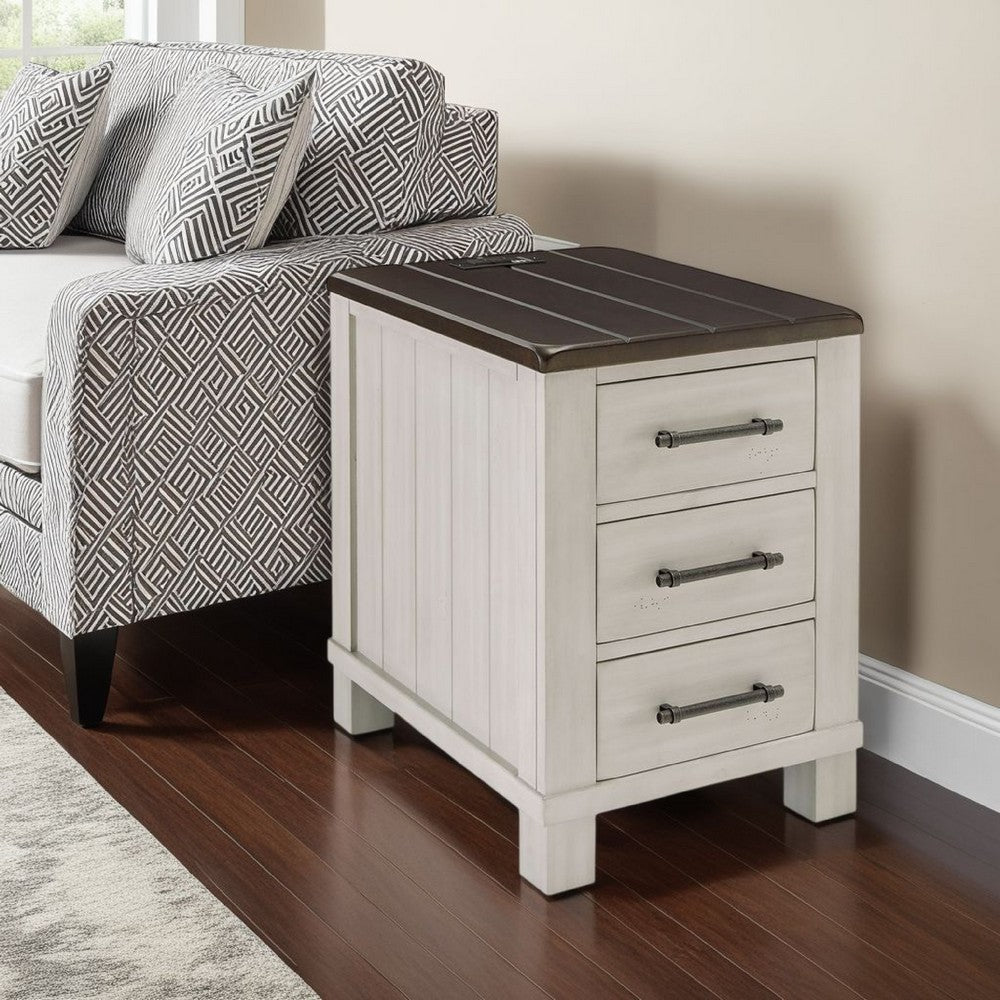 Benjara Barb Chairside End Table, 3 Drawers, 24 Inch Glazed Gray Acacia Wood
