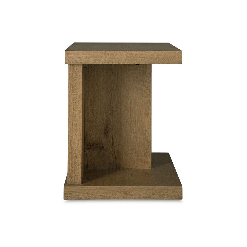 Benjara Anay Chairside Table with Dual USB Port, 22 Inch Brown Rustic Oak