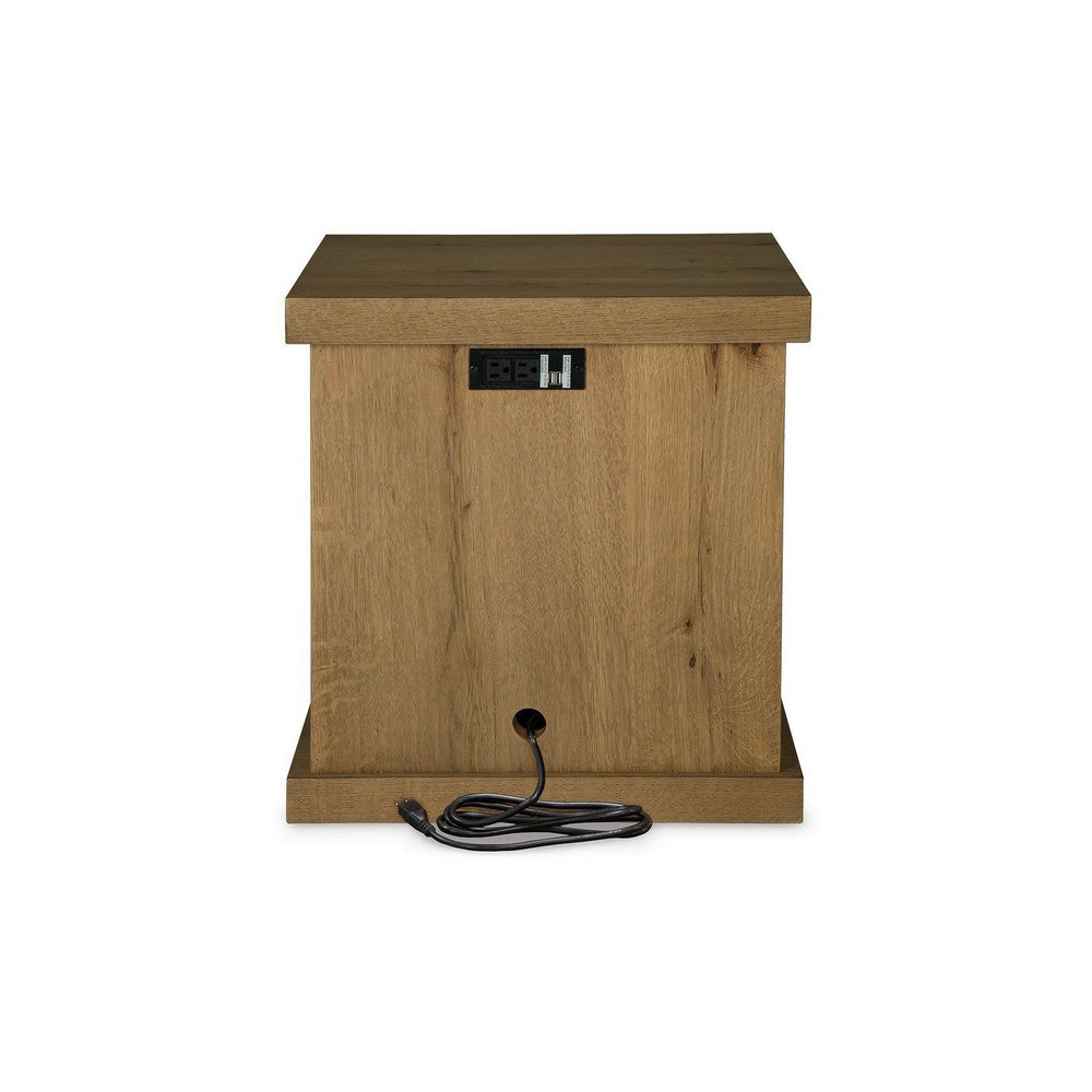Benjara Anay Chairside Table with Dual USB Port, 22 Inch Brown Rustic Oak