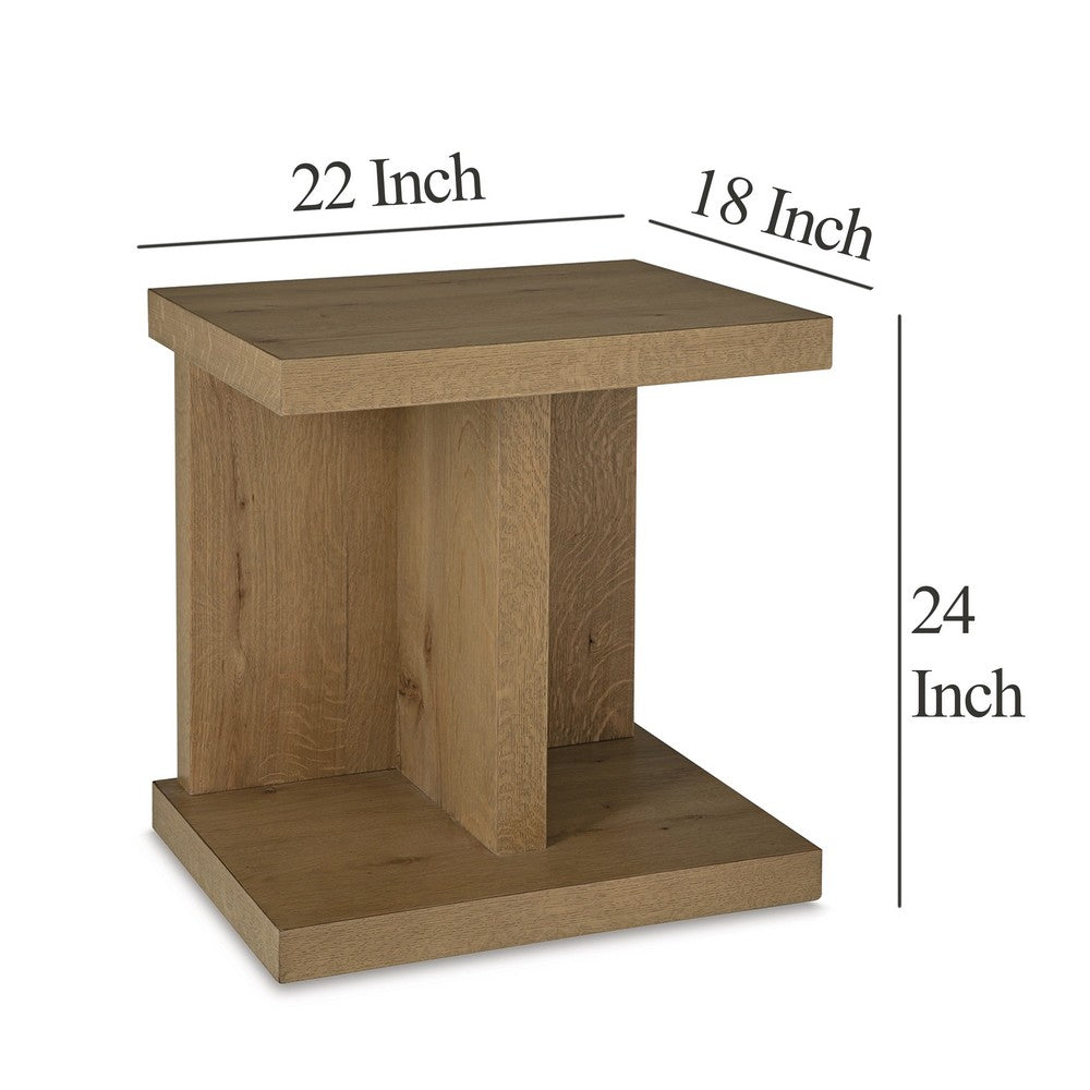 Benjara Anay Chairside Table with Dual USB Port, 22 Inch Brown Rustic Oak