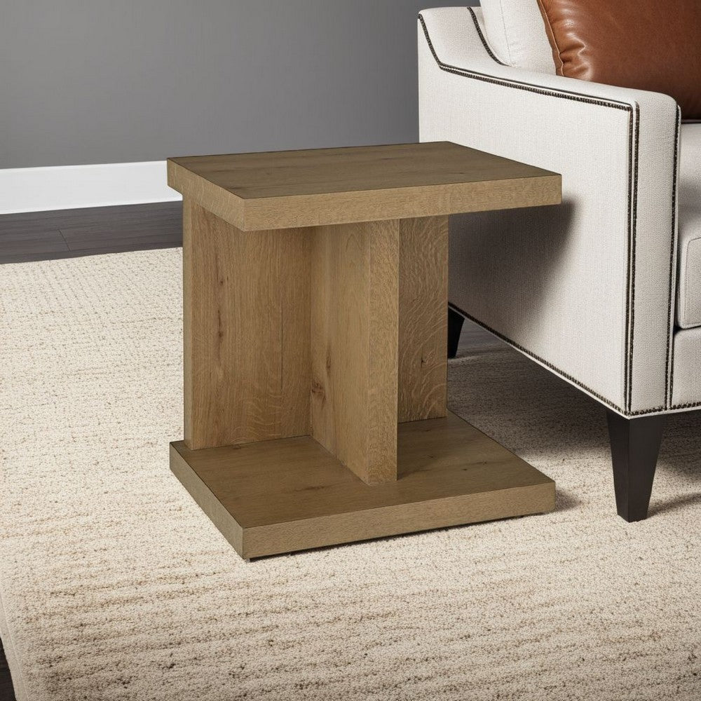 Benjara Anay Chairside Table with Dual USB Port, 22 Inch Brown Rustic Oak