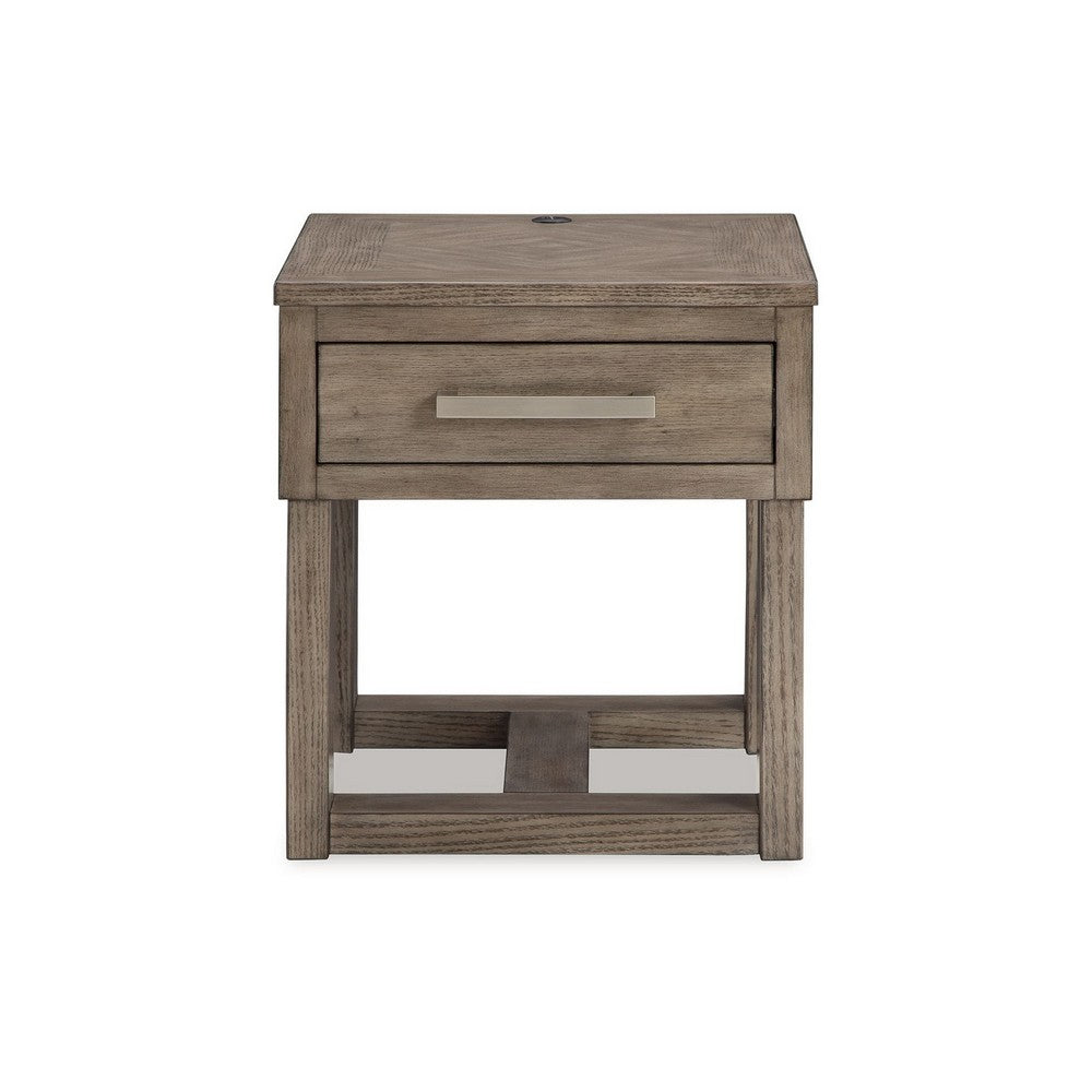Benjara Aska Rectangular Side End Table with Drawer, USB Port, 24 Inch Gray