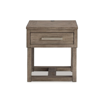 Benjara Aska Rectangular Side End Table with Drawer, USB Port, 24 Inch Gray