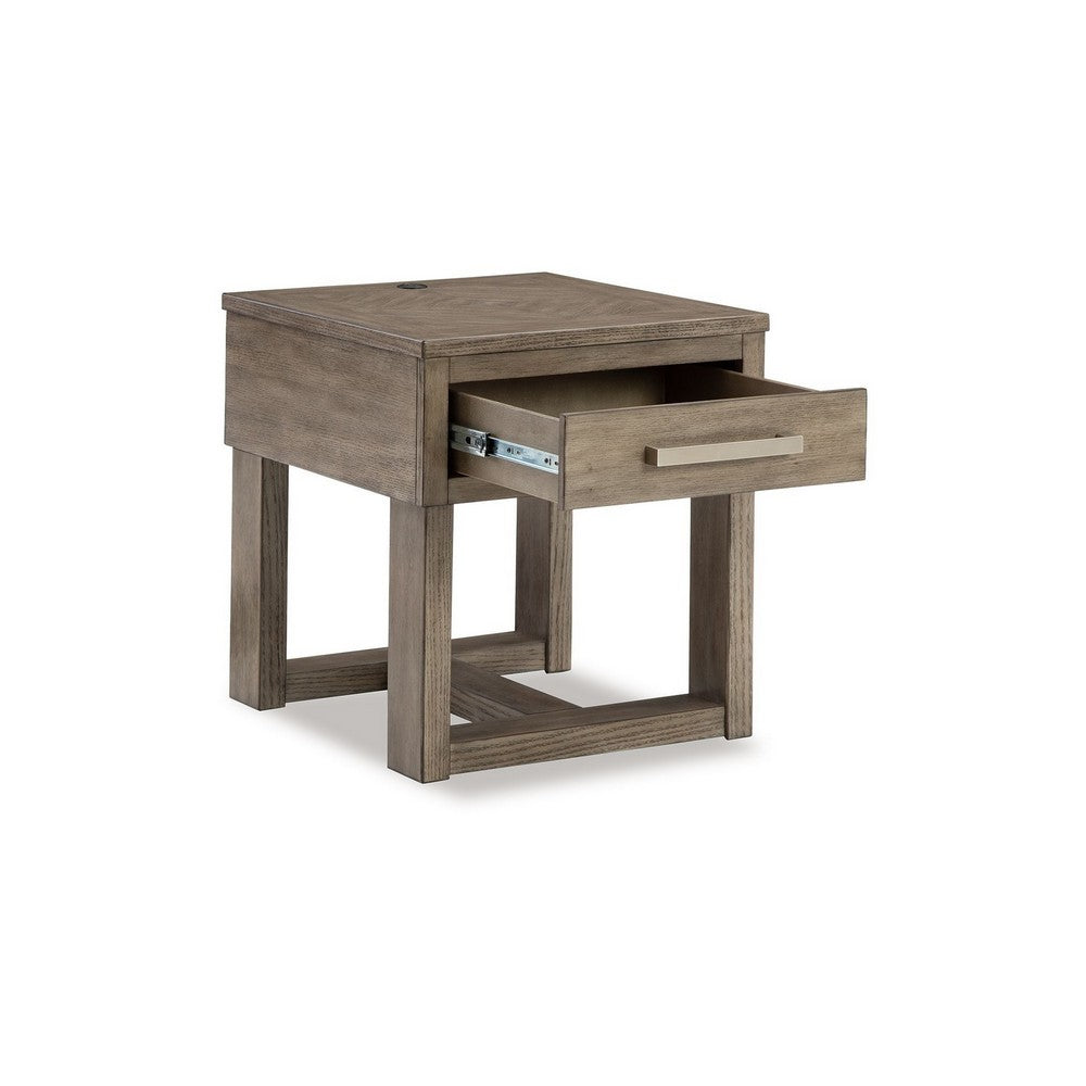 Benjara Aska Rectangular Side End Table with Drawer, USB Port, 24 Inch Gray