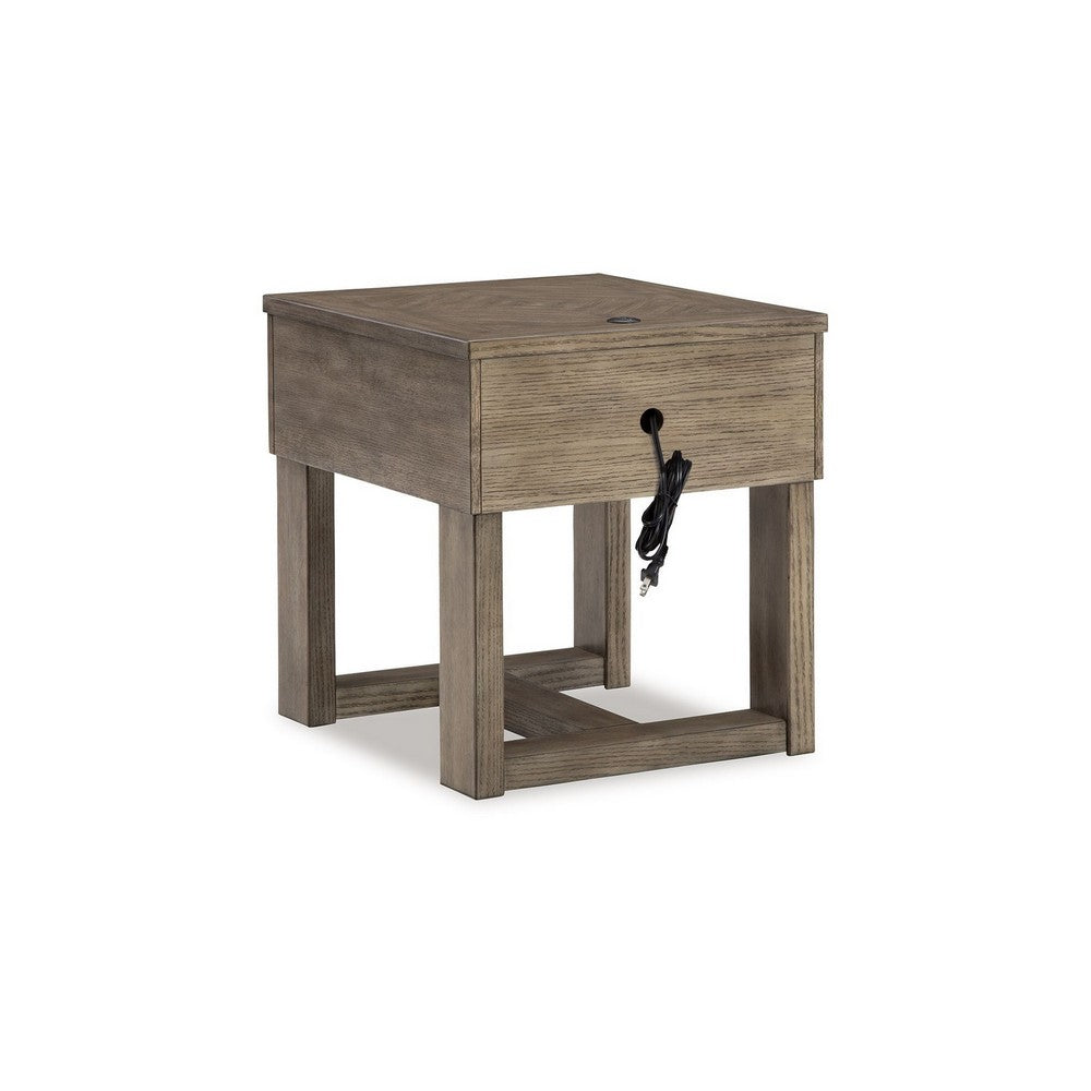 Benjara Aska Rectangular Side End Table with Drawer, USB Port, 24 Inch Gray