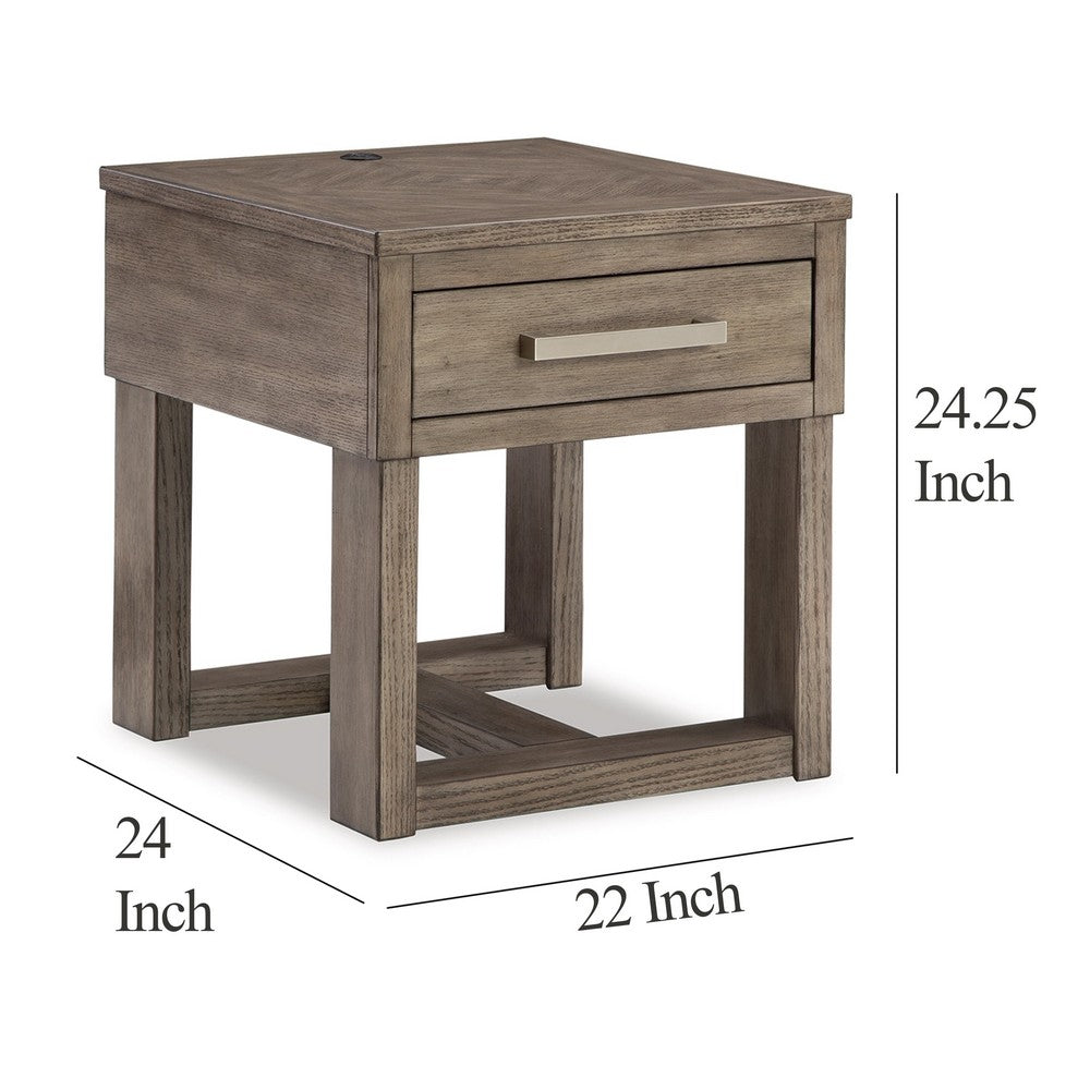 Benjara Aska Rectangular Side End Table with Drawer, USB Port, 24 Inch Gray