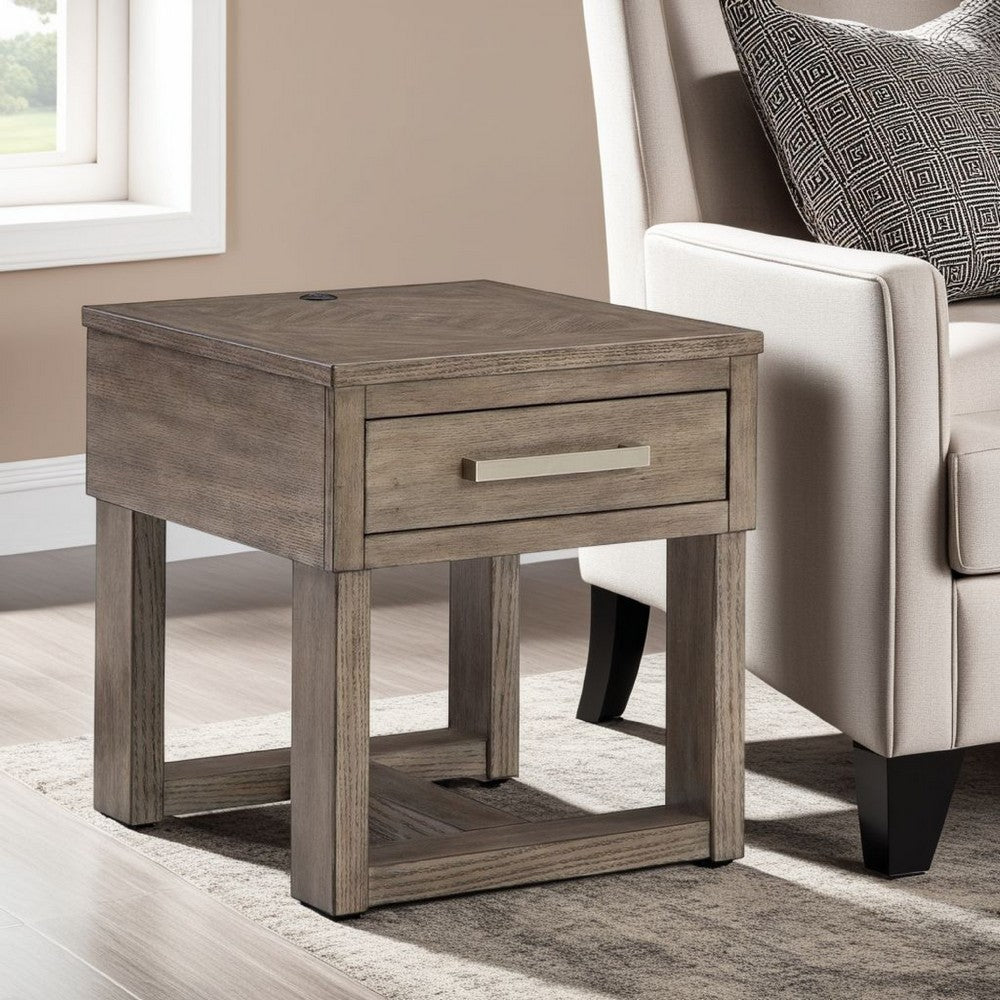 Benjara Aska Rectangular Side End Table with Drawer, USB Port, 24 Inch Gray