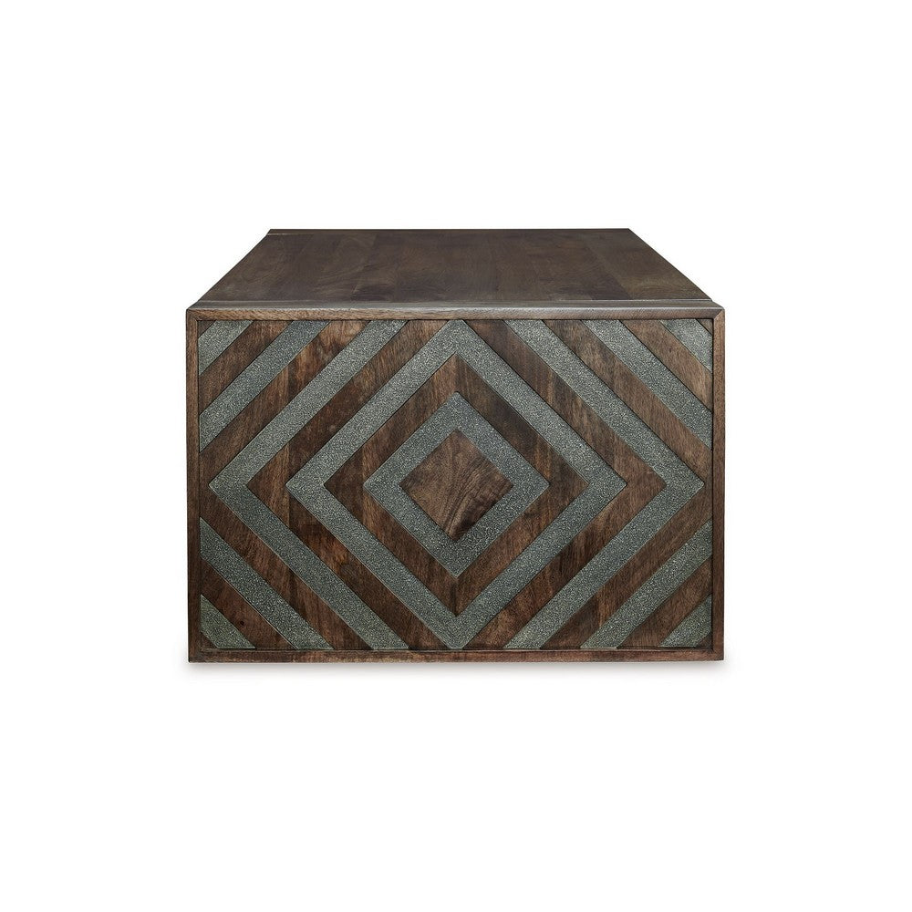 Benjara Dreg Cocktail Coffee Table with Diamond Cut Design, Brown Panel Legs