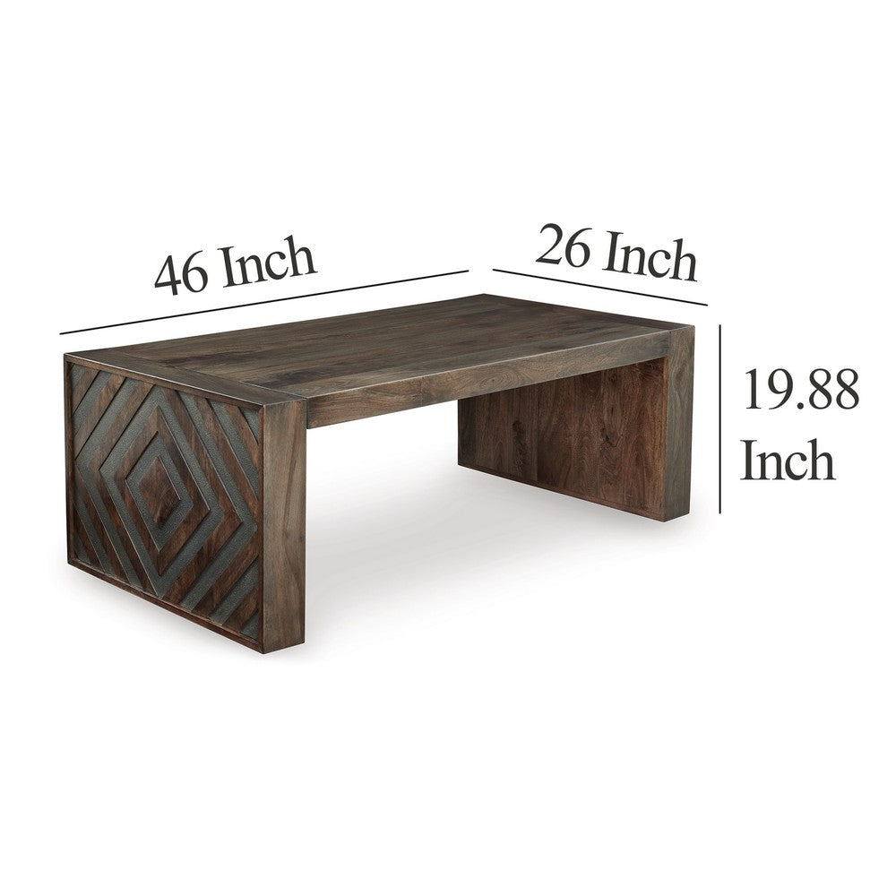Benjara Dreg Cocktail Coffee Table with Diamond Cut Design, Brown Panel Legs