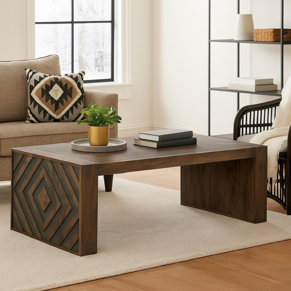 Benjara Dreg Cocktail Coffee Table with Diamond Cut Design, Brown Panel Legs