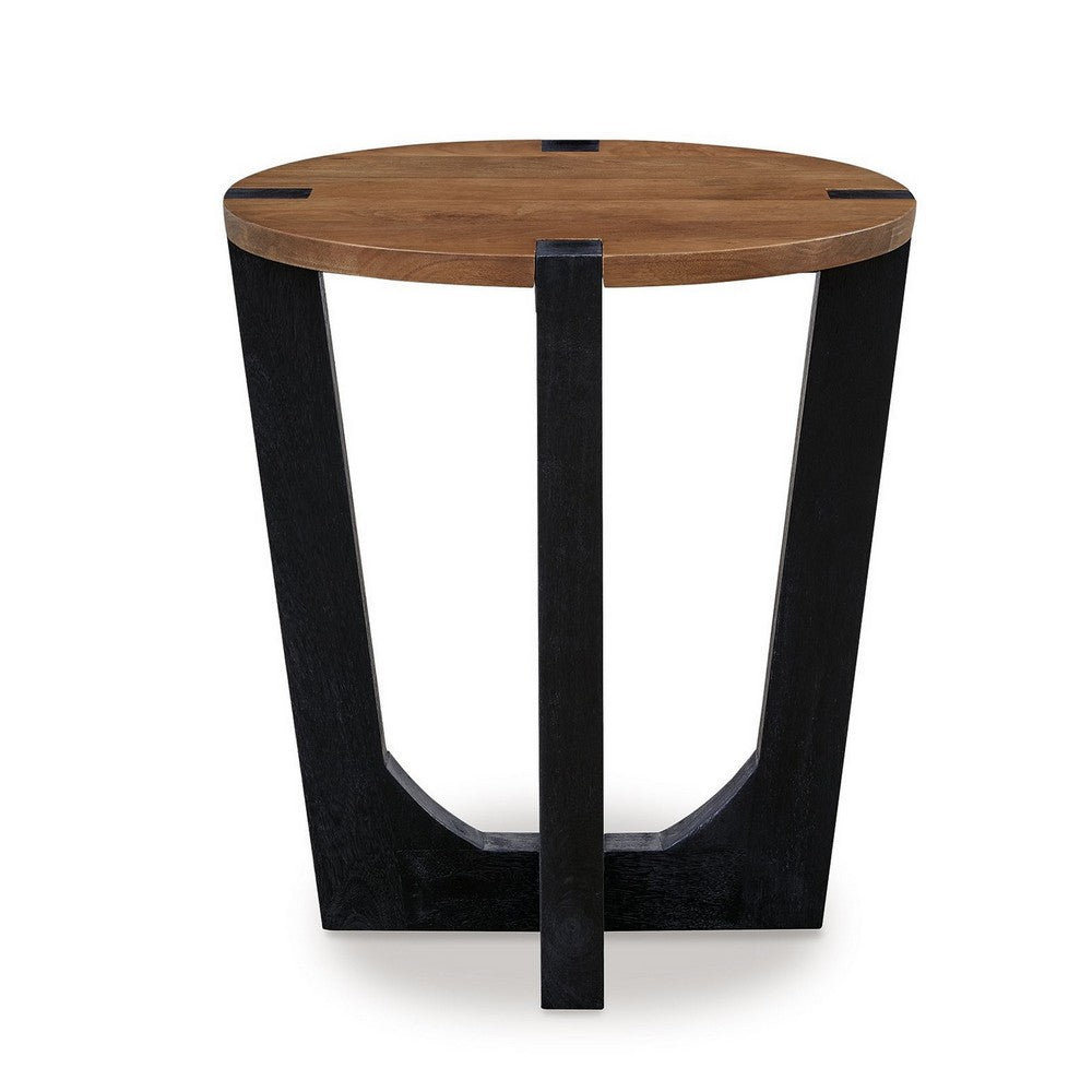 Benjara Leyi Round Side End Table, Black Angled Legs, 22 Inch Brown Mango Wood