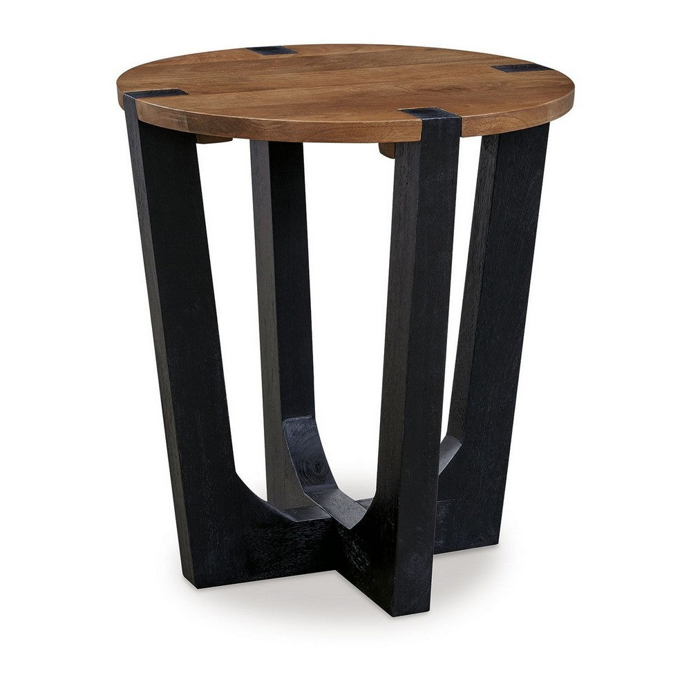 Benjara Leyi Round Side End Table, Black Angled Legs, 22 Inch Brown Mango Wood