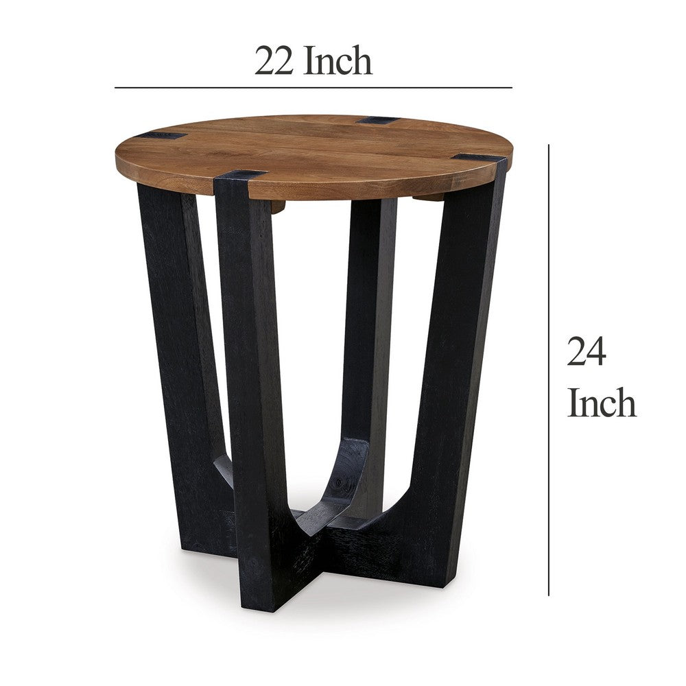 Benjara Leyi Round Side End Table, Black Angled Legs, 22 Inch Brown Mango Wood