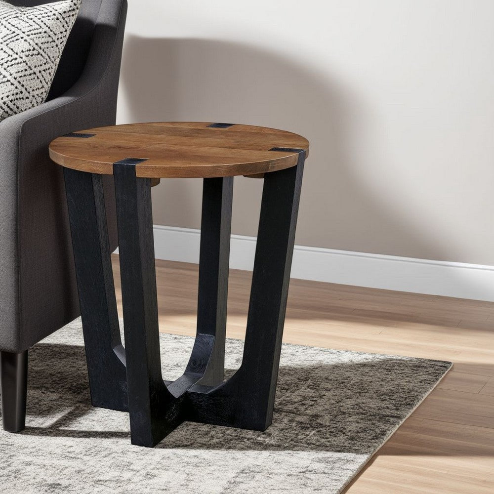 Benjara Leyi Round Side End Table, Black Angled Legs, 22 Inch Brown Mango Wood