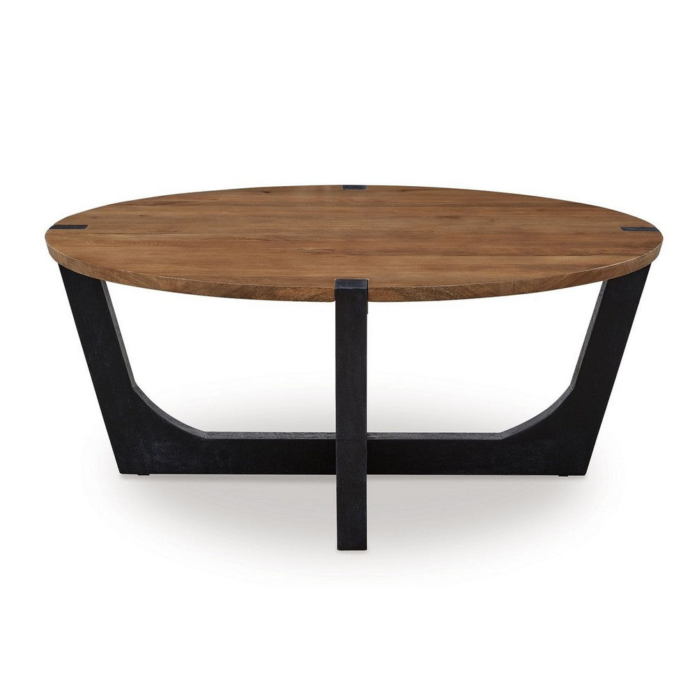 Benjara Leyi Round Coffee Table, Angled Legs, 44 Inch Brown Mango Wood